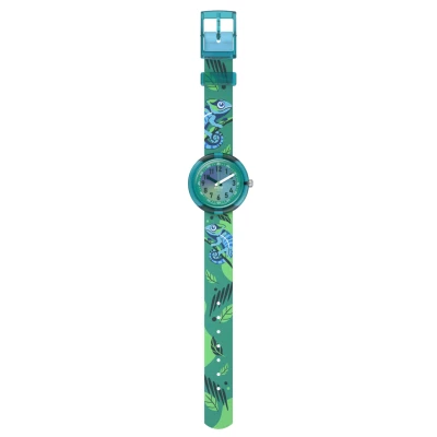 montre flik flak camo friends enfant bracelet vert avec caméléons