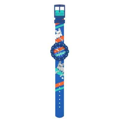 montre flik flak skati,g frenchie enfant chien skate board bleu et rouge