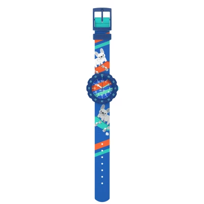 montre flik flak skati,g frenchie enfant chien skate board bleu et rouge