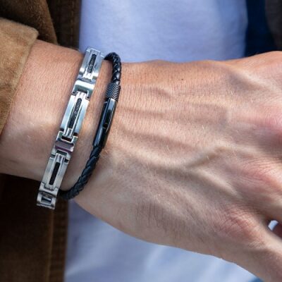 bracelet rochet driver-28mm-pvd-noir-et-lien-tresse-35mm-cuir-noir