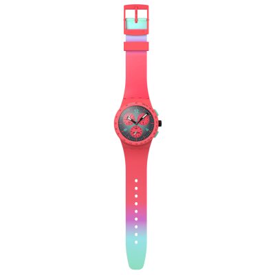 montre swatch original chrono paradis kinetiko tie and dye rose corail et bleu turquoise