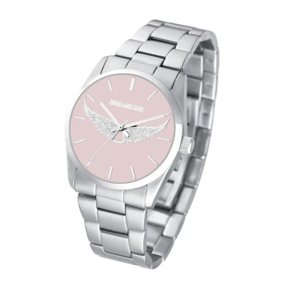 montre zadig et voltaire femme acier et rose ailes bracelet acier cadran rose pale