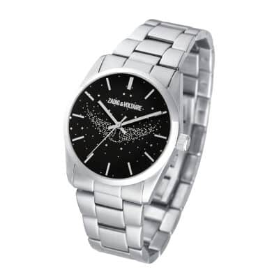 montre zadig et voltaire femme acier et cadran noir ailes
