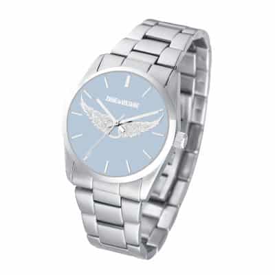 montre zadig et voltaire femme acier et bleu clair ailes bracelet acier cadran bleu ciel