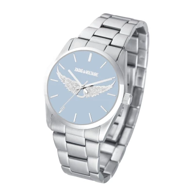 montre zadig et voltaire femme acier et bleu clair ailes bracelet acier cadran bleu ciel
