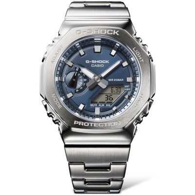 montre casio g shock gm 2110 serie boitier acier bracelet acier cadran bleu marine