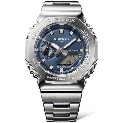 montre casio g shock gm 2110 serie boitier acier bracelet acier cadran bleu marine
