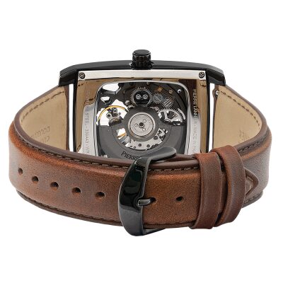 montre homme pierre lannier hector acier noir et cuir marron mouvement automatique boitier rectangulaire cadran squelette