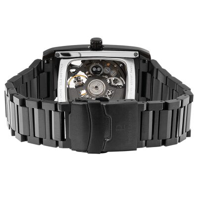 montre pierre lannier homme hector acier noir automatique cadran rectangulaire bracelet acier noir cadran squelette