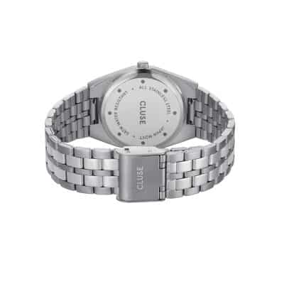 montre cluse retro 70's femme acier et saumon rose bracelet acier boitier rond