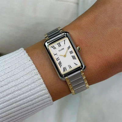 Montre cluse belisenna acier bicolore femme boitier rectangulaire cadran blanc bracelet bicolore