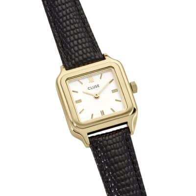 Montre Cluse gracieuse petite acier doré cuir noir boitier carré