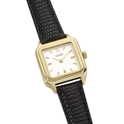 Montre Cluse gracieuse petite acier doré cuir noir boitier carré