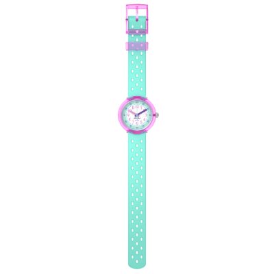 montre flik flak enfant fizz in mint bracelet silicone turquoise boitier rose transparent