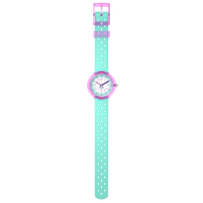 montre flik flak enfant fizz in mint bracelet silicone turquoise boitier rose transparent