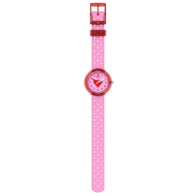 montre flik flak fizz in pink enfant silicone rose cadran coeur rouge