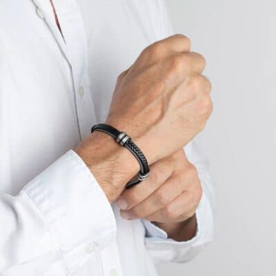 bracelet lotus style acier et cuir noir