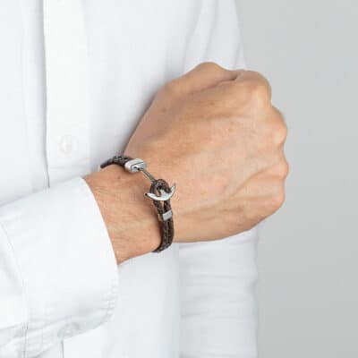 bracelet lotus style ancre acier et cuir noir