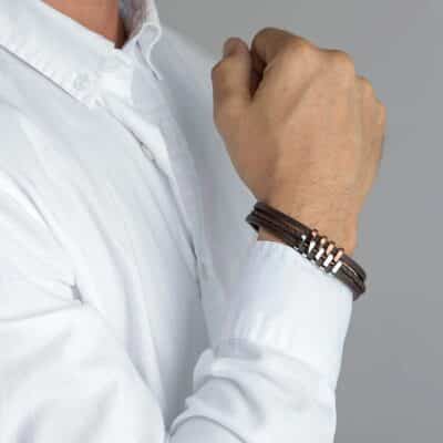 bracelet homme lotus style acier et cuir marron