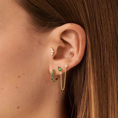 boucles d'oreilles agatha piercing puce astral vert doré chaine deux trous