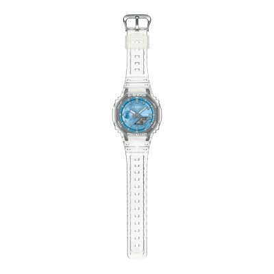 montre casio g shock GA 2100 serie transparent et bleu multifonctions quartz digital