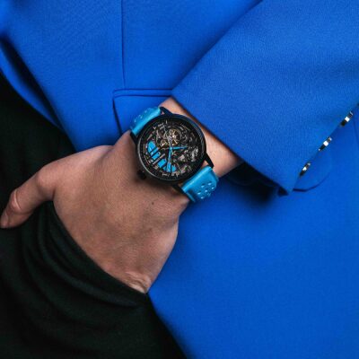 montre pierre lannier homme femme paddock acier noir bracelet cuir bleu