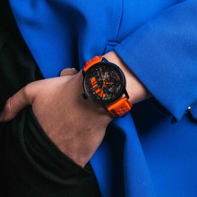 montre pierre lannier paddock acier noir bracelet cuir orange