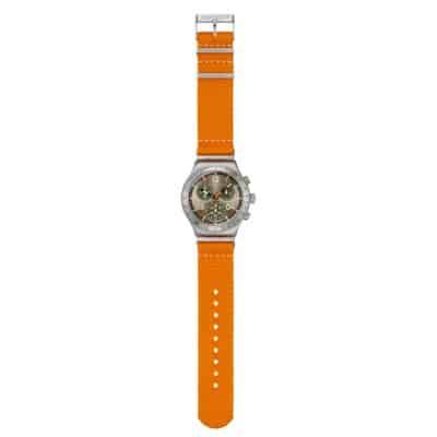montre swatch vacation time chronographe bracelet orange tissu boitier acier