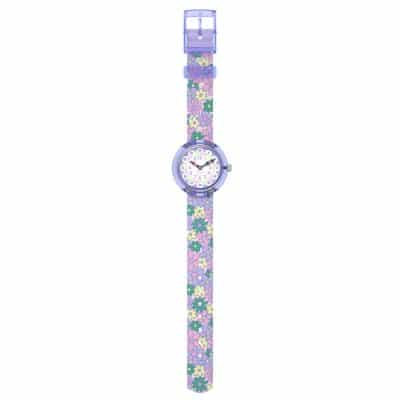 montre flik flak flower fields enfant fleurs multicolores bracelet violet