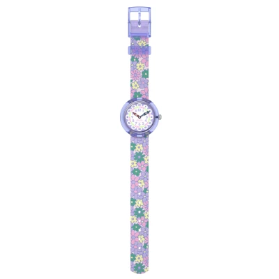 montre flik flak flower fields enfant fleurs multicolores bracelet violet