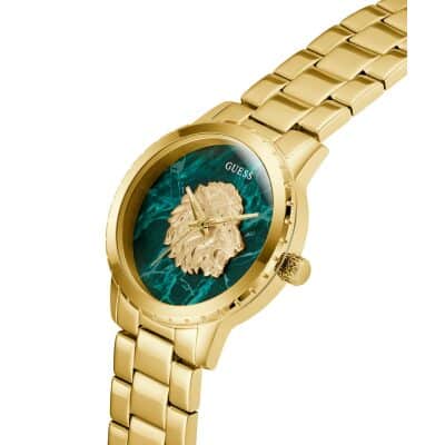 montre guess homme monarch acier doré tête de lion vert 44 mm quartz