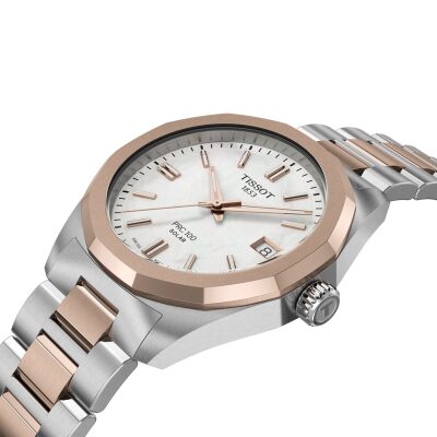 montre tissot PRC 100 solar quartz acier bicolore femme acier gris et doré rose quartz solaire
