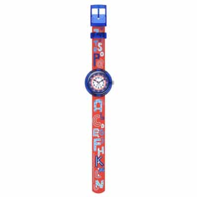 montre flik flak know your ABC enfant boitier bleu bracelet PET recyclé rouge avec lettres alphabet