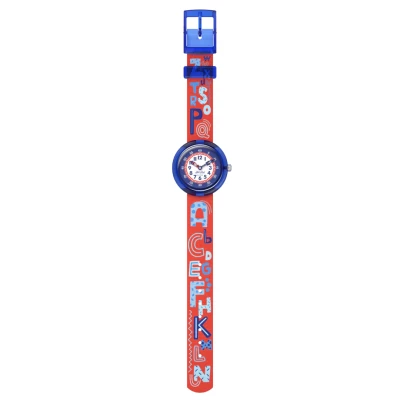 montre flik flak know your ABC enfant boitier bleu bracelet PET recyclé rouge avec lettres alphabet