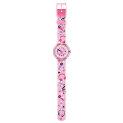 montre flik flak karaokeee enfant rose notes de musique quartz bracelet textile rose
