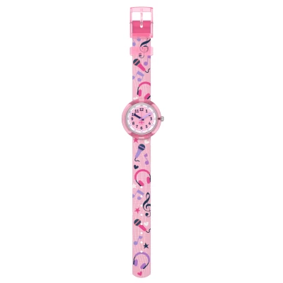 montre flik flak karaokeee enfant rose notes de musique quartz bracelet textile rose