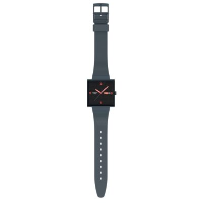 montre swatch what if? squared off boitier carré 41.8 mm, bracelet silicone gris foncé, boitier biocéramique. unisexe