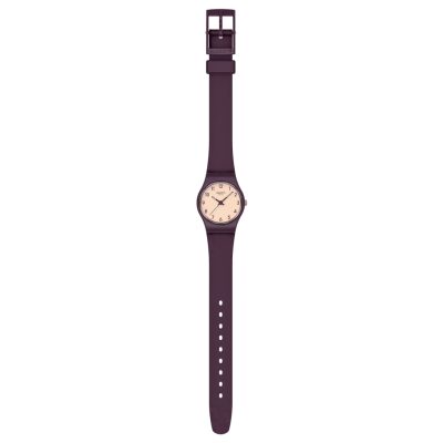 montre swatch lady repeat chic 25 mm bracelet silicone violet foncé cadran beige quartz 3 bar