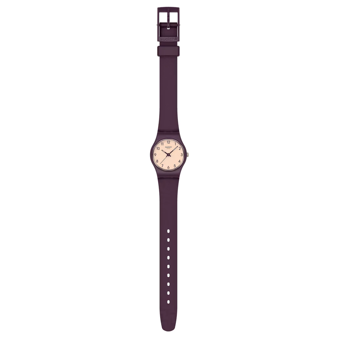 montre swatch lady repeat chic 25 mm bracelet silicone violet foncé cadran beige quartz 3 bar