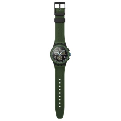 montre swatch chrono olive rush 42 mm chronographe cadran noir texturé bracelet silicone vert foncé mat texturé