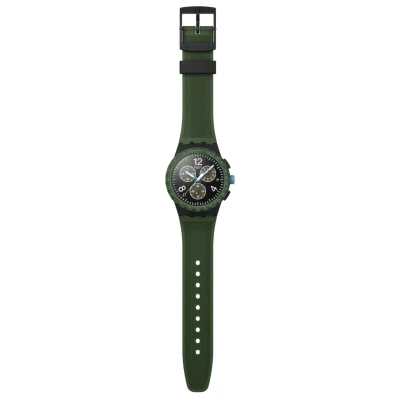 montre swatch chrono olive rush 42 mm chronographe cadran noir texturé bracelet silicone vert foncé mat texturé
