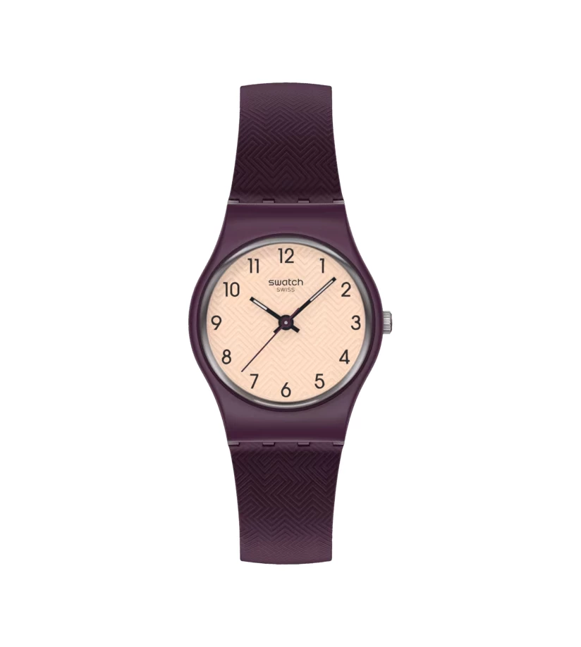 montre swatch lady repeat chic 25 mm bracelet silicone violet foncé cadran beige quartz 3 bar