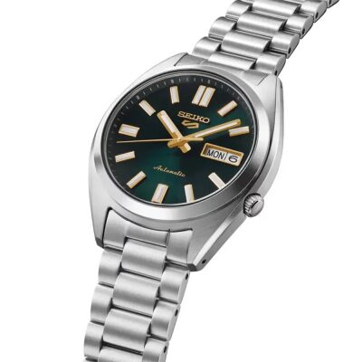 montre-automatique seiko homme -collection-seiko-5-en-acier-argente et cadran vert