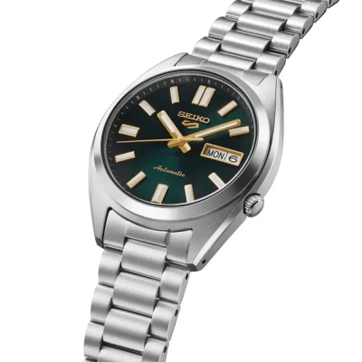 montre-automatique seiko homme -collection-seiko-5-en-acier-argente et cadran vert