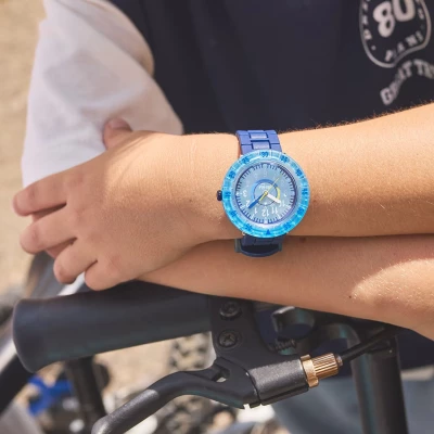 montre flik flak bluebrick enfant bleu cadran avion apprentissage de l'heure
