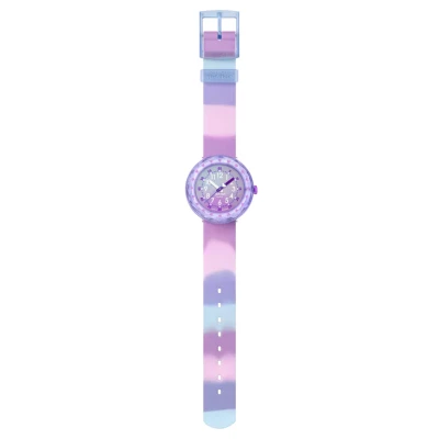 montre flik flak enfant fuze in purple violette tye and die 36.7 mm bracelet silicone