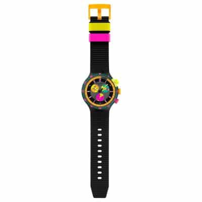 montre swatch big bold neon seppia quartz 47 mm bracelet silicone noir cadran chrono fluos boutons fluos retro années 80