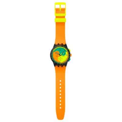 montre swatch neon signal flag original chrono bracelet silicone orange cadran vert jaune orange quartz 42 mm