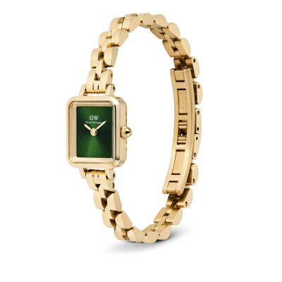montre daniel wellington femme quadro mini evergold emerald vert acier doré quartz taimme mini. look rétro