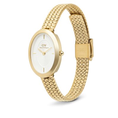 montre daniel wellington femme juliette acier doré boitier oval, maille milanaise tressée